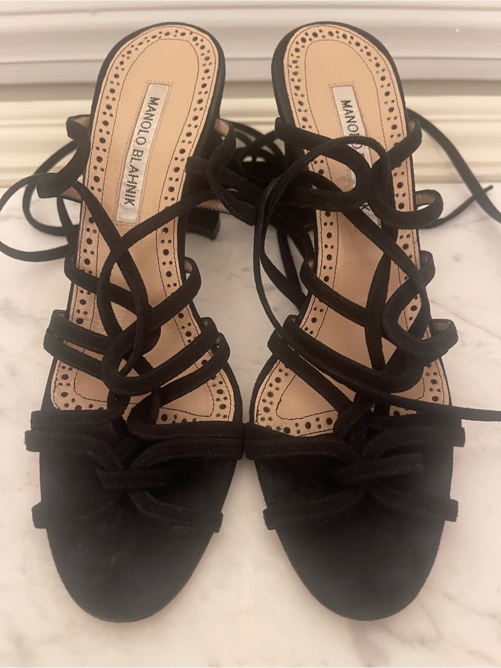 Manolo Blahnik Black Suede Lace-Up Strappy Heels